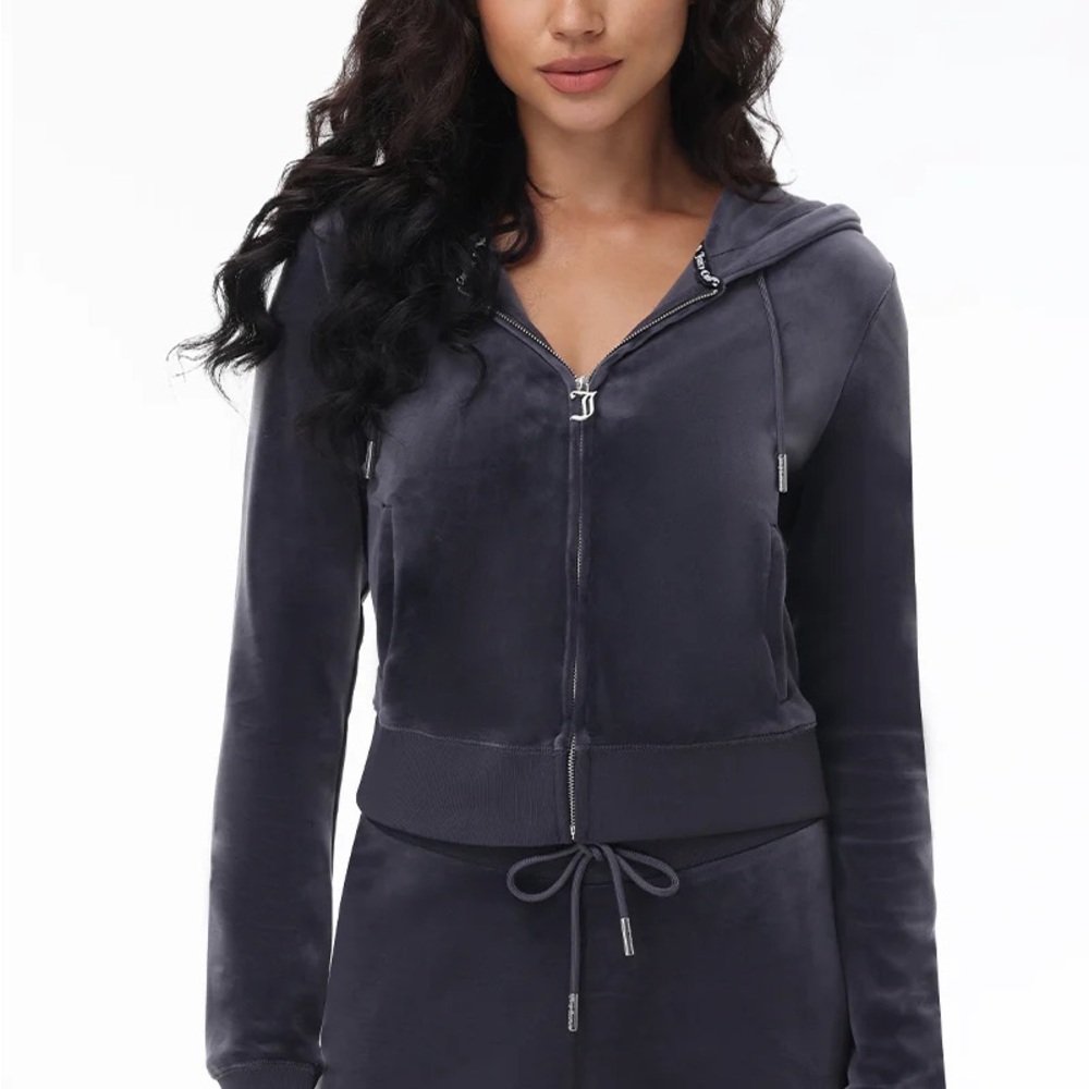 Velour Zip Hoodie & Drawstring Joggers Set - Charcoal - Picture 3 of 6